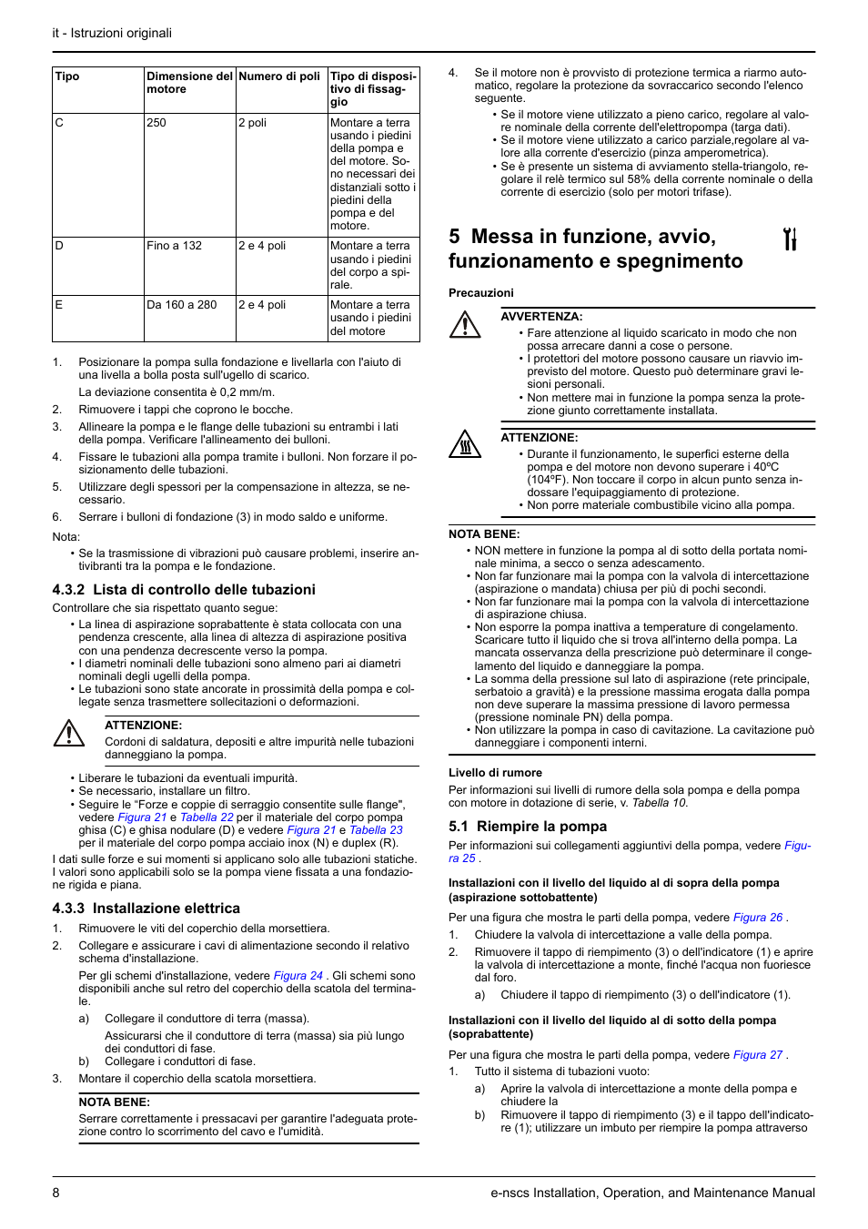 2 lista di controllo delle tubazioni, 3 installazione elettrica, 1 riempire la pompa | Xylem e-NSCS User Manual | Page 8 / 80