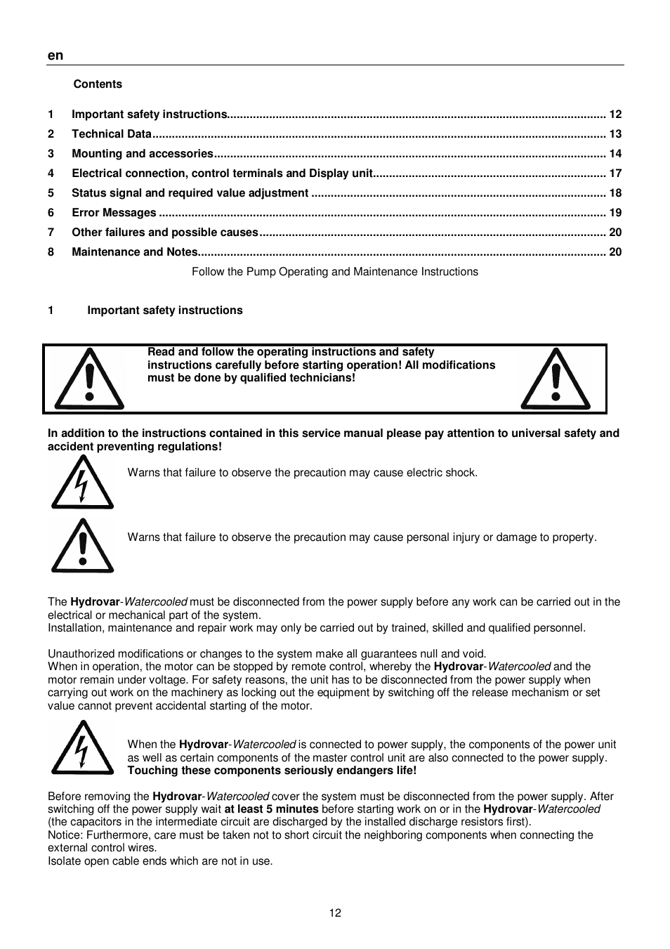 Xylem HYDROVAR WATERCOOLED User Manual | Page 12 / 68