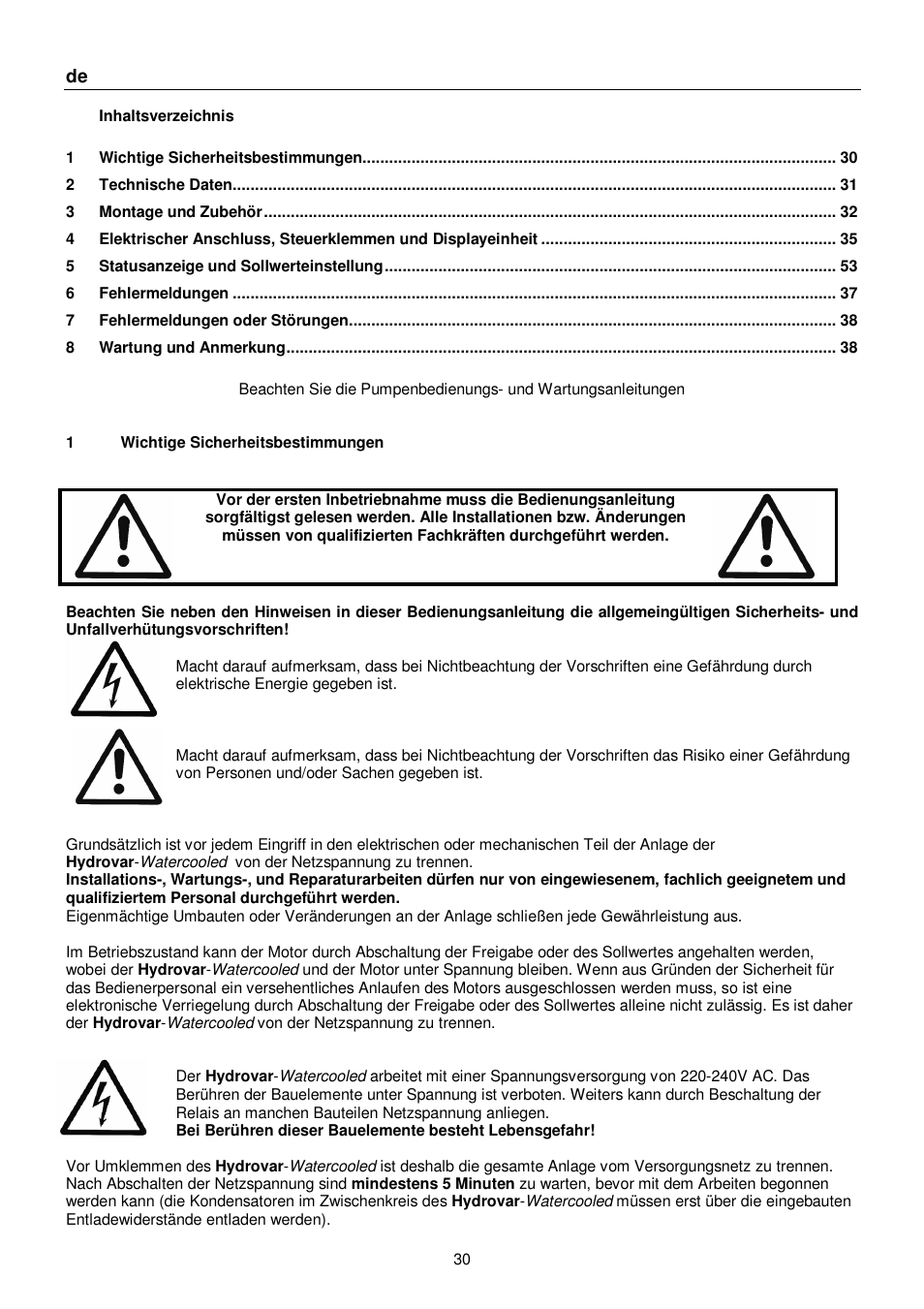 Xylem HYDROVAR WATERCOOLED User Manual | Page 30 / 68