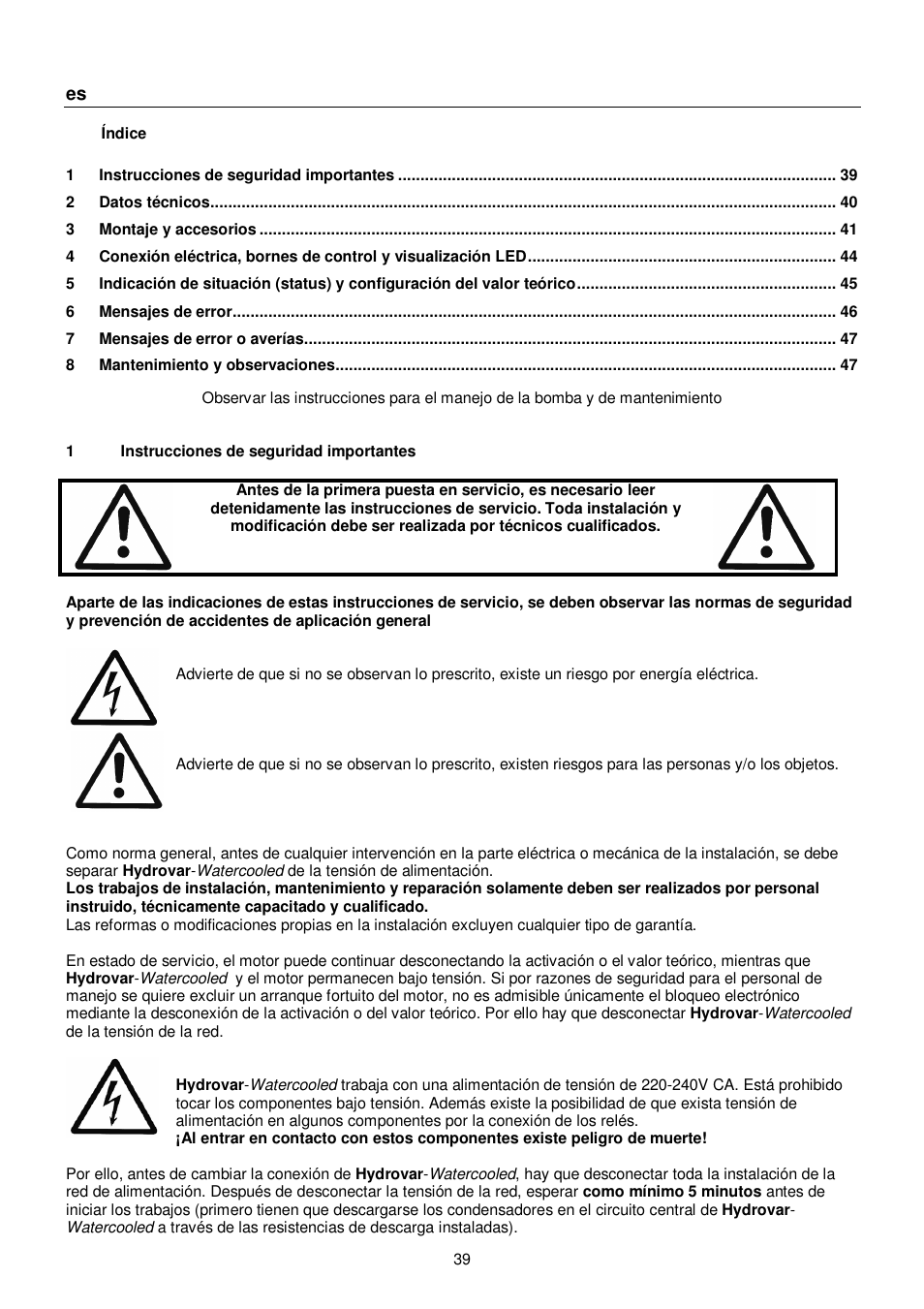 Xylem HYDROVAR WATERCOOLED User Manual | Page 39 / 68