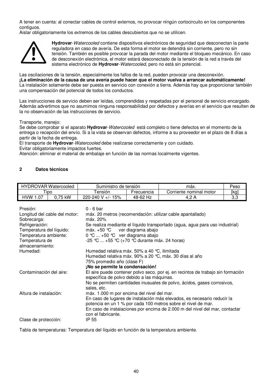 Xylem HYDROVAR WATERCOOLED User Manual | Page 40 / 68
