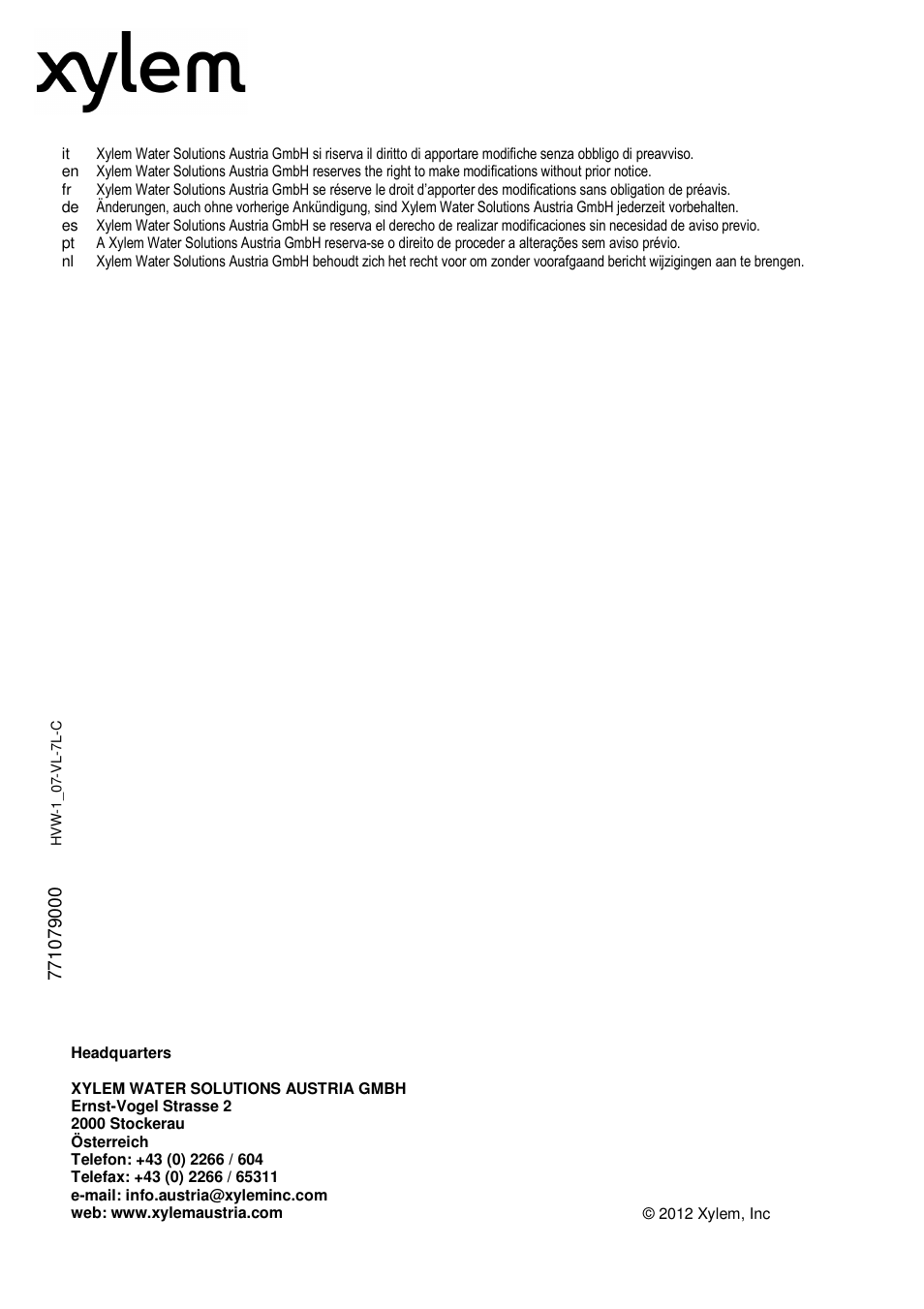 Xylem HYDROVAR WATERCOOLED User Manual | Page 68 / 68