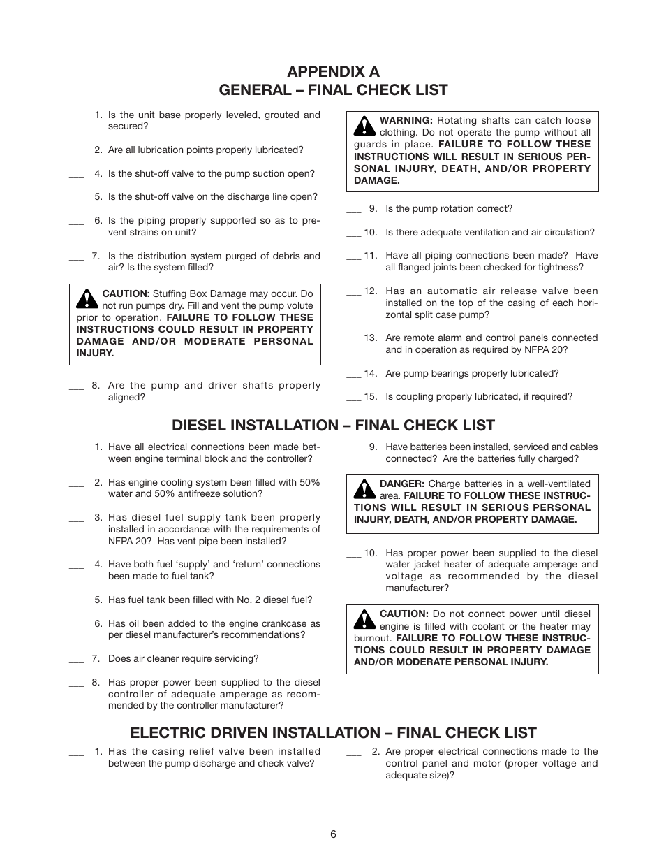 Appendix a general – final check list | Xylem Fire Pump Package Pumping Systems S13421 REV.B User Manual | Page 8 / 10