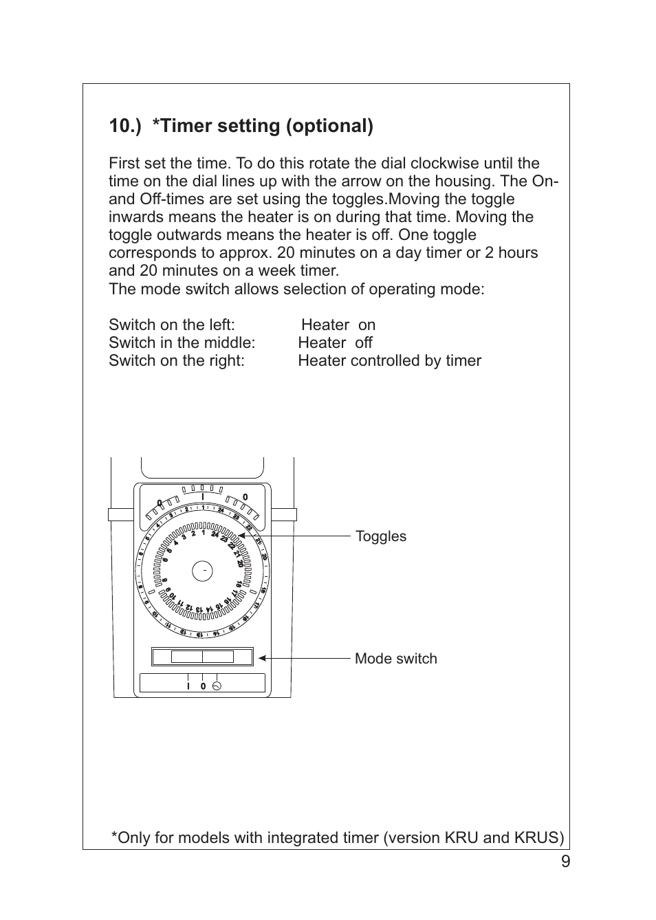 ) *timer setting (optional), Toggles mode switch | Xylem EHR IM Electrical heater series EHR (obsolete) User Manual | Page 9 / 12