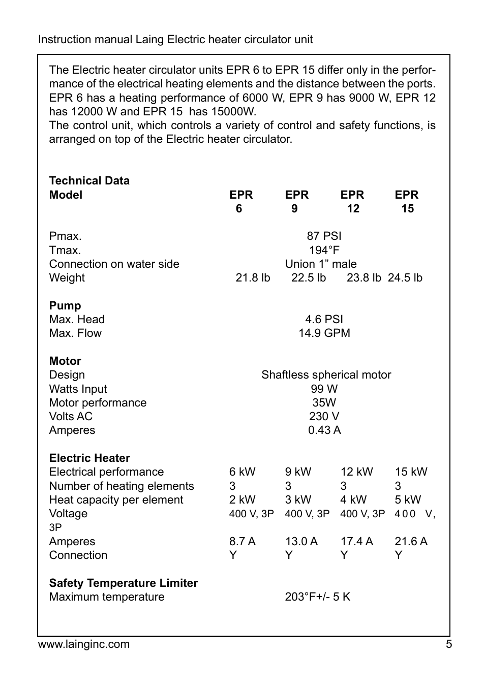 Xylem EPR IM Electric heater-circulator unit EPR (obsolete) User Manual | Page 5 / 36
