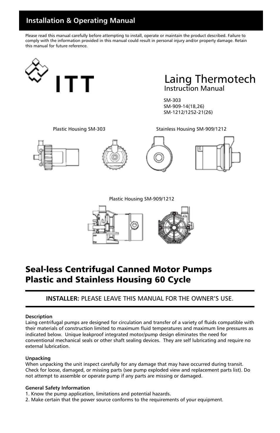 Xylem IM 06 Seal-less Centrifugal Canned Motor Pumps Plastic and Stainless Housing 60 Cycle (obsolete) User Manual | 6 pages