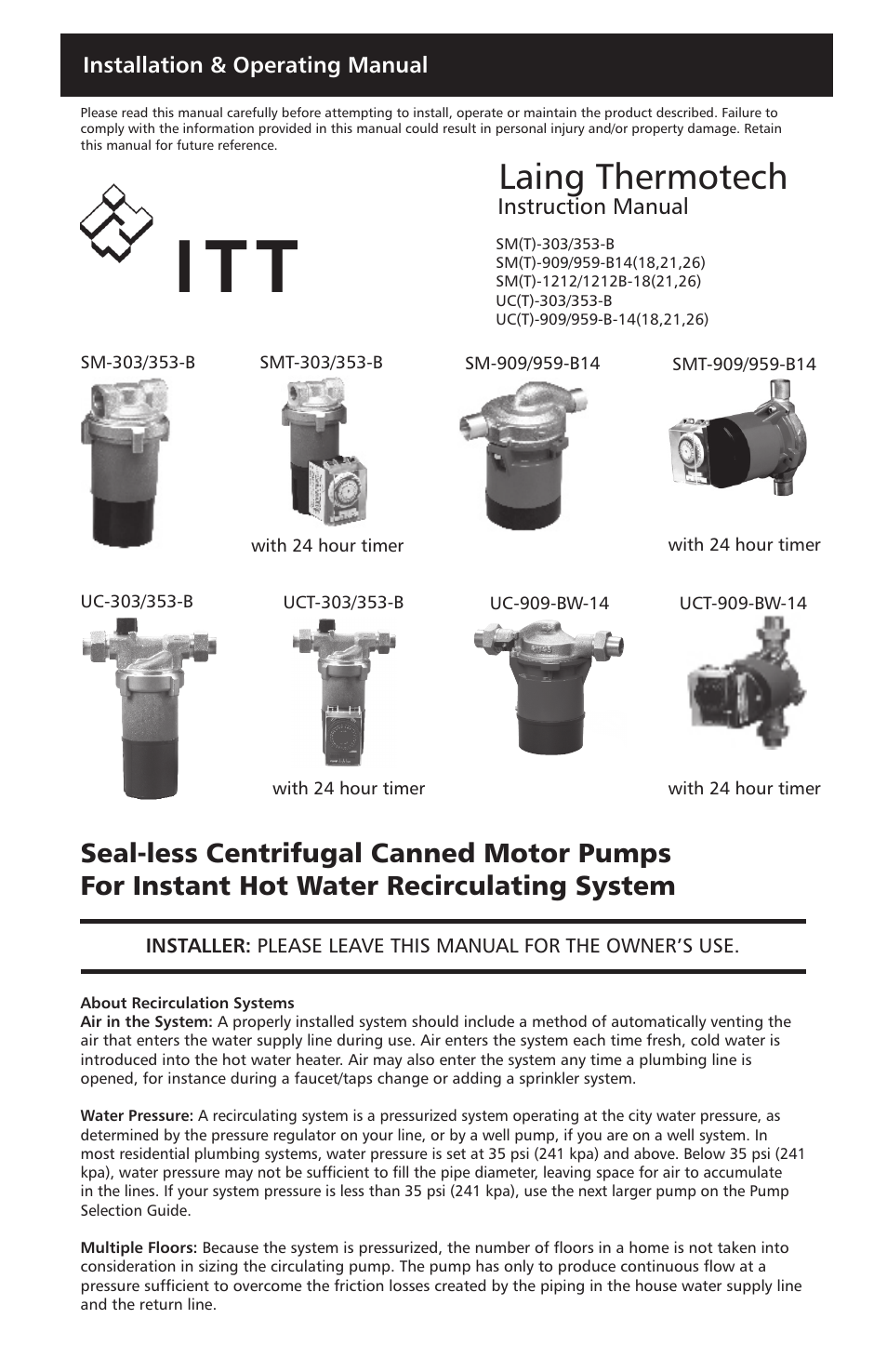 Xylem IM 16 Seal-less Centrifugal Canned Motor Pumps For Instant Hot Water Recirculating System (obsolete) User Manual | 8 pages