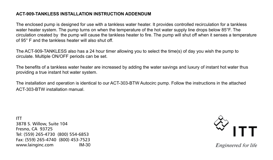 Xylem IM 30 ACT-909-Tankless Installation Instruction Addenum (obsolete) User Manual | 1 page