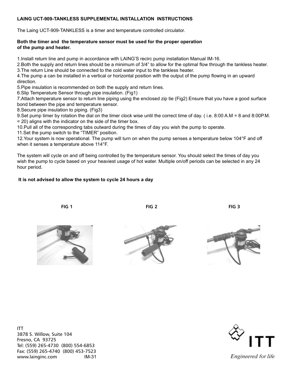 Xylem IM 31 Laing UCT-909-Tankless Supplemental User Manual | 1 page