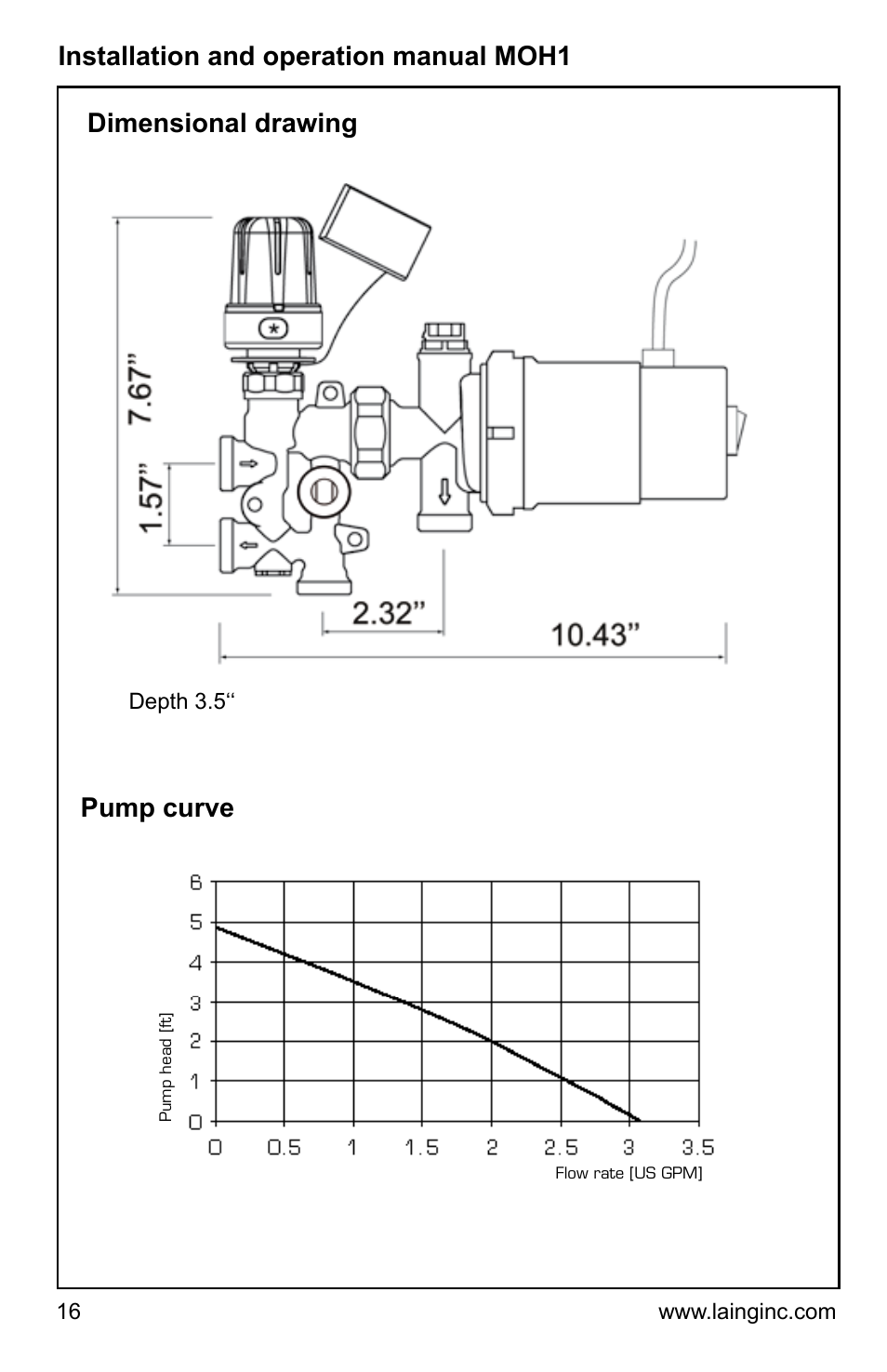 Installation and operation manual moh1, Dimensional drawing pump curve | Xylem MOH1 Single or dual zone mixing module (obsolete) User Manual | Page 16 / 24