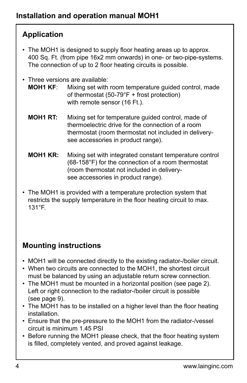 Installation and operation manual moh1, Application, Mounting instructions | Xylem MOH1 Single or dual zone mixing module (obsolete) User Manual | Page 4 / 24