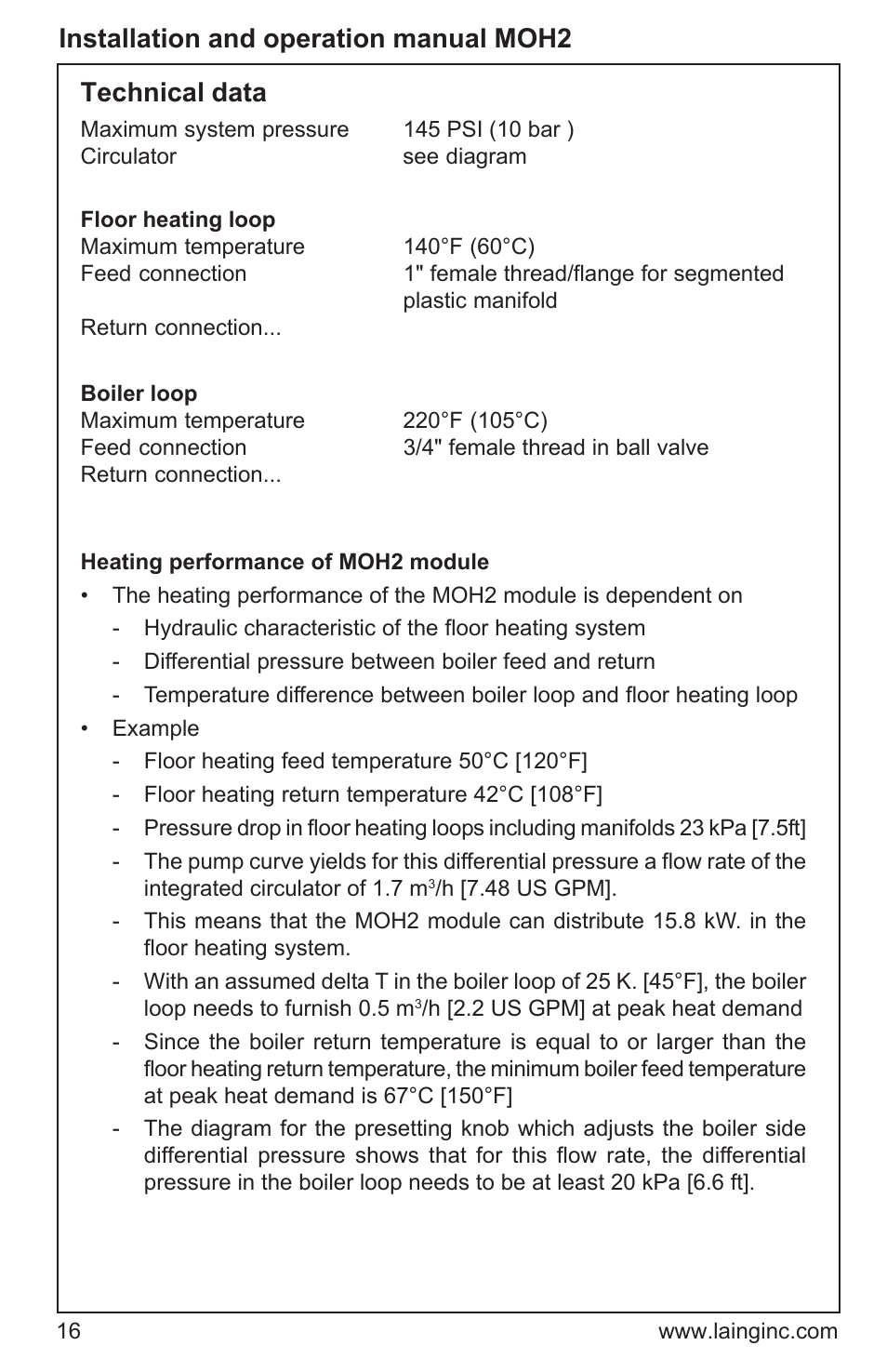 Installation and operation manual moh2, Technical data | Xylem MOH2 Multi zone mixing module (obsolete) User Manual | Page 16 / 22