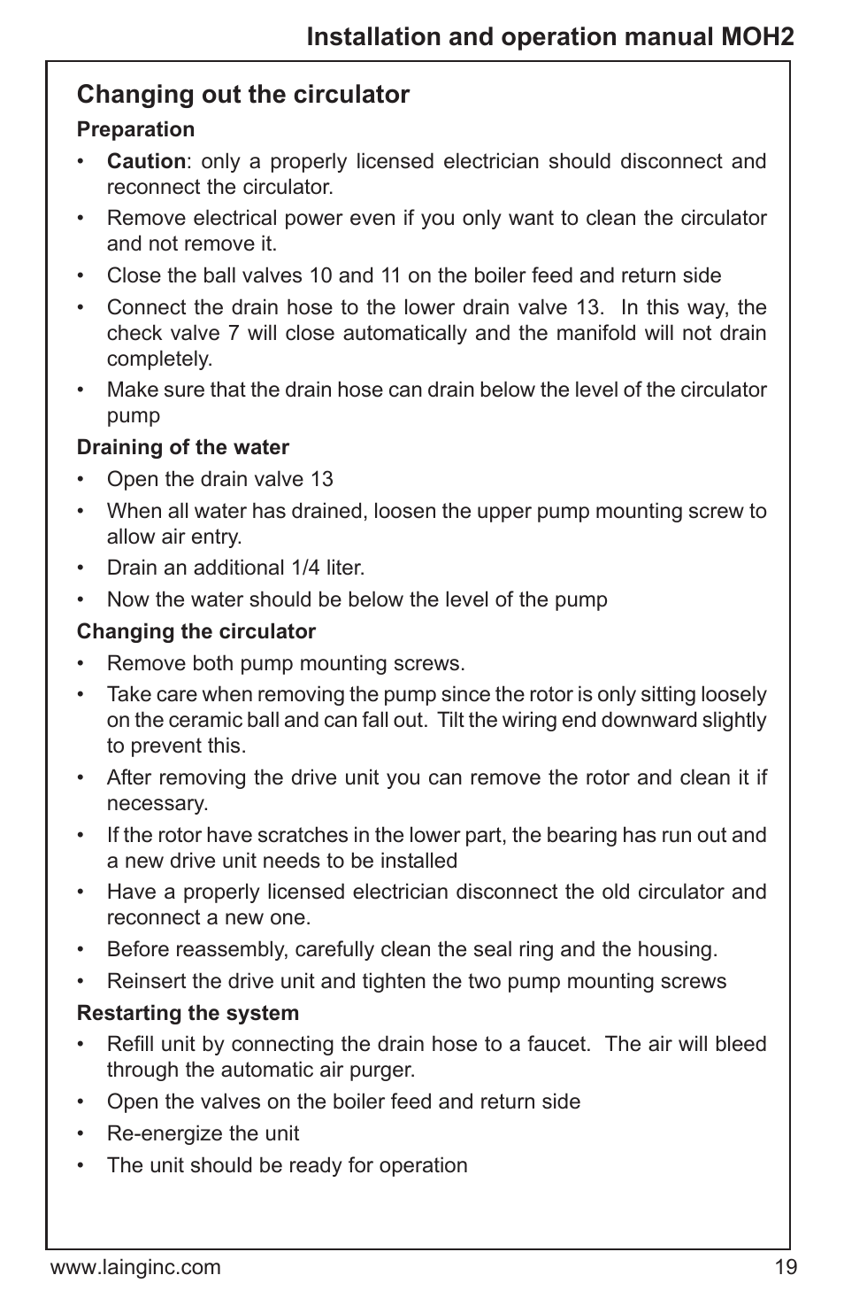Installation and operation manual moh2, Changing out the circulator | Xylem MOH2 Multi zone mixing module (obsolete) User Manual | Page 19 / 22
