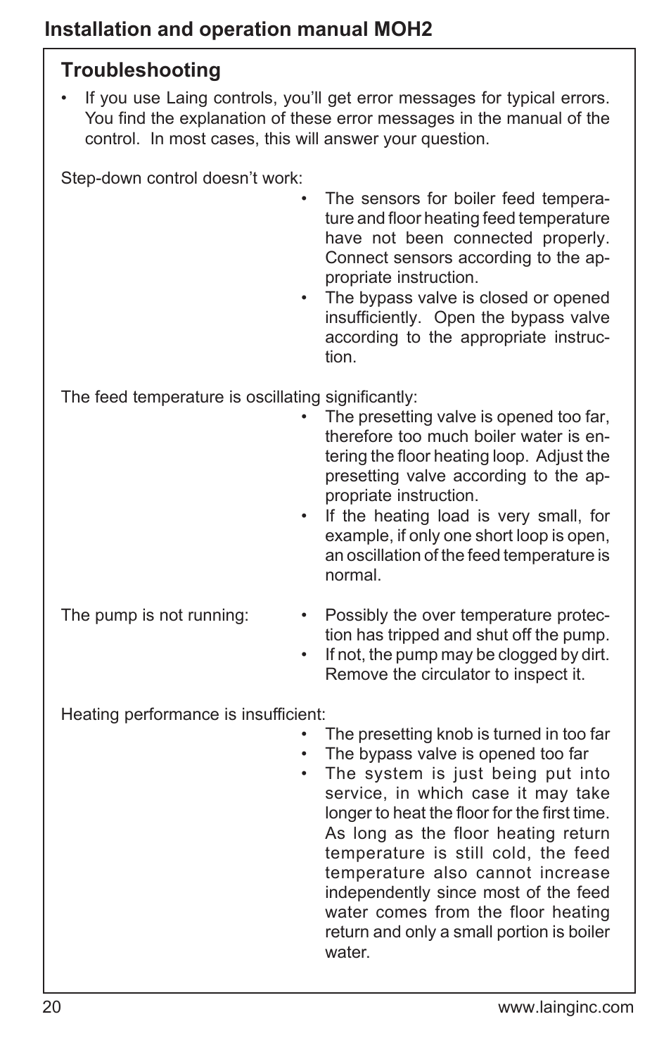 Installation and operation manual moh2, Troubleshooting | Xylem MOH2 Multi zone mixing module (obsolete) User Manual | Page 20 / 22