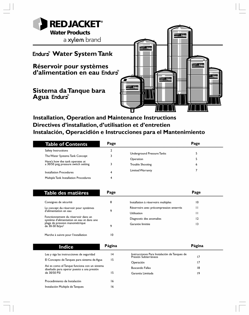 Xylem RJ Enduro Tank IOM 3 languages Tri-lingual User Manual | 20 pages