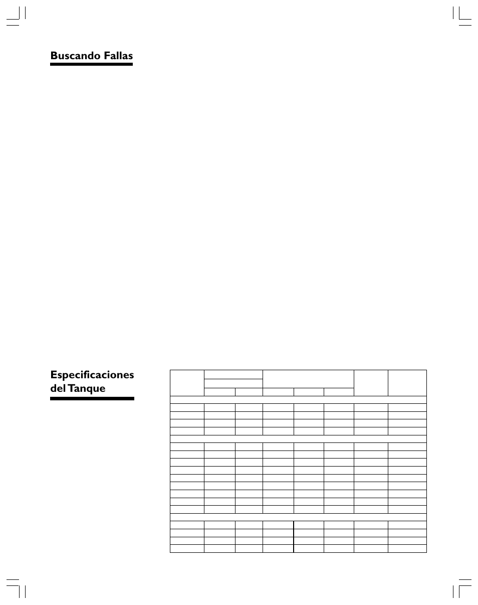 Buscando fallas, Especificaciones del tanque | Xylem RJ Enduro Tank IOM 3 languages Tri-lingual User Manual | Page 18 / 20
