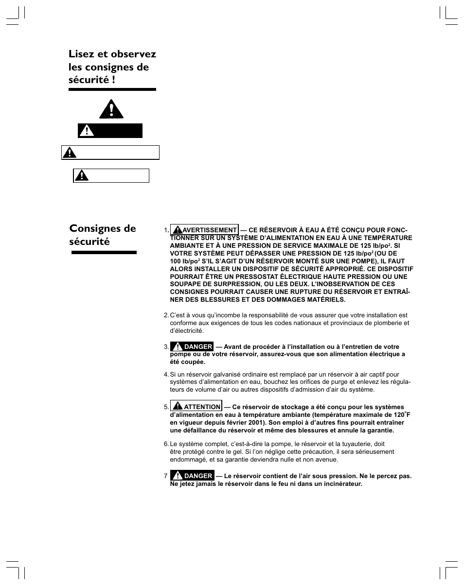 Consignes de sécurité, Lisez et observez les consignes de sécurité, Danger avertissement attention | Xylem RJ Enduro Tank IOM 3 languages Tri-lingual User Manual | Page 8 / 20
