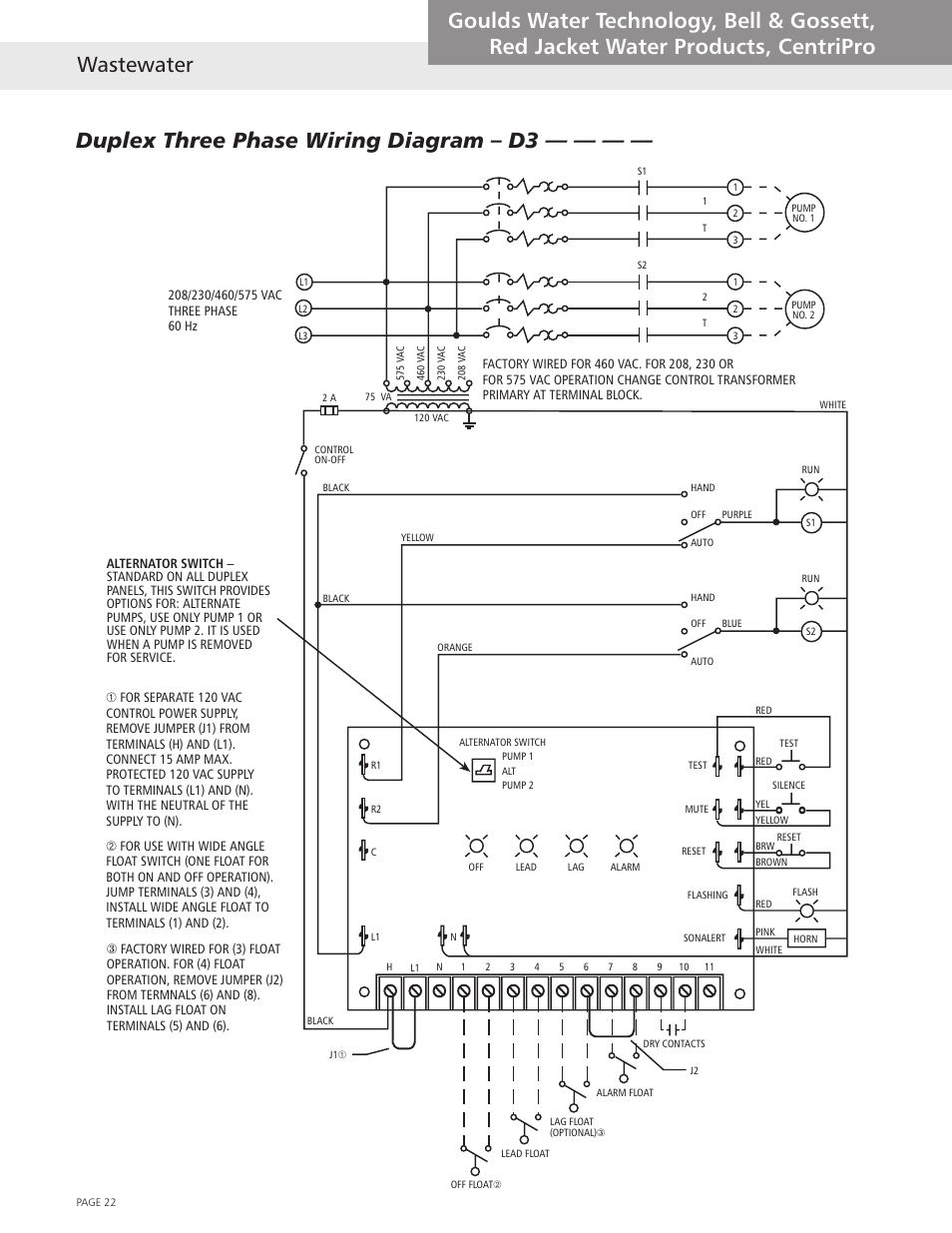 Duplex three phase wiring diagram – d3 | Xylem Wastewater (Technical Manual) User Manual | Page 22 / 32