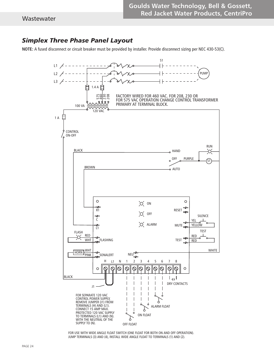 Simplex three phase panel layout | Xylem Wastewater (Technical Manual) User Manual | Page 24 / 32