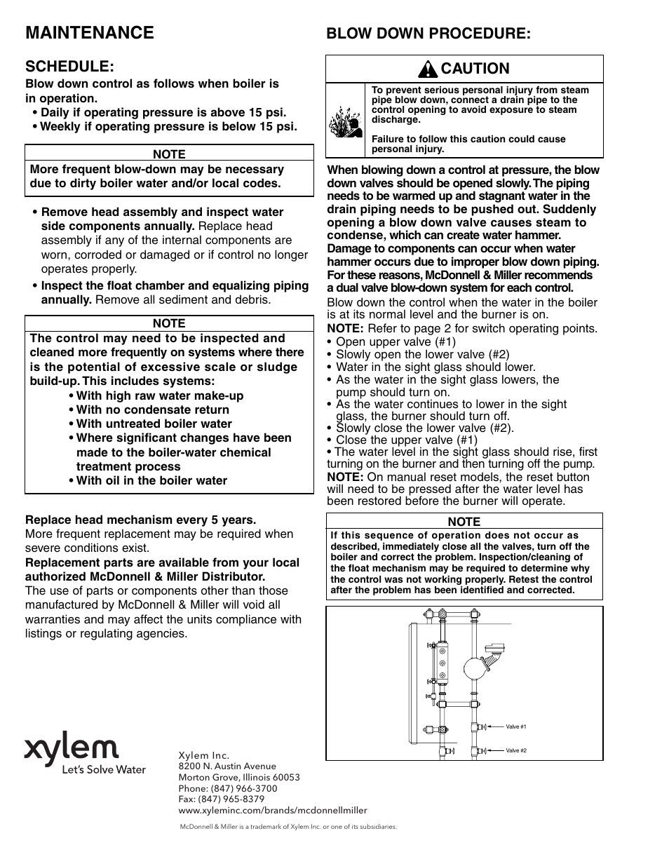 Maintenance, Schedule, Blow down procedure | Caution | Xylem MM 217K Series 150S and 157S Low Water Cut-Offs/Pump Controllers User Manual | Page 12 / 12