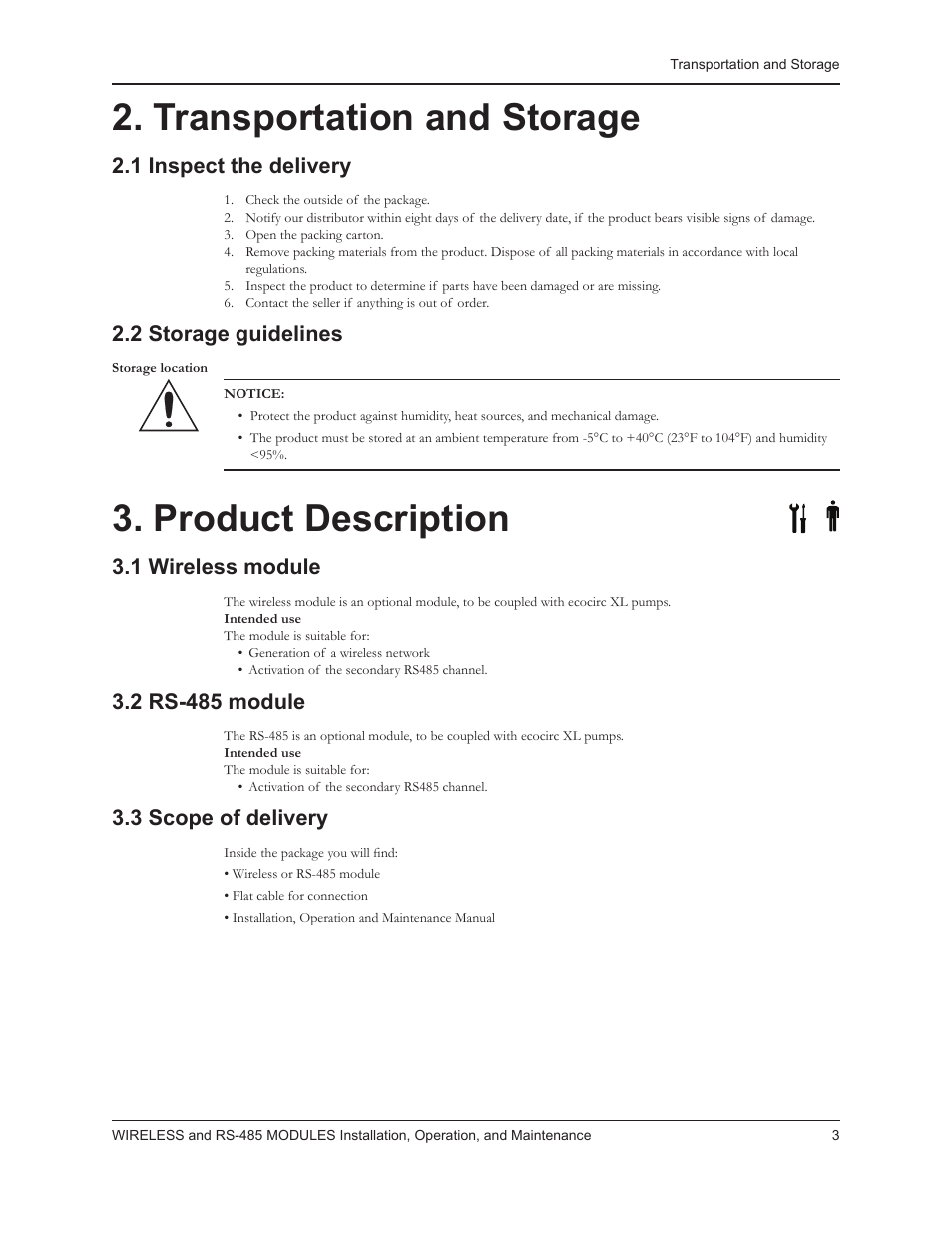 Transportation and storage, Product description, 1 inspect the delivery | 2 storage guidelines, 1 wireless module, 2 rs-485 module, 3 scope of delivery | Bell & Gossett P0002560 Wireless Module and RS-485 Module User Manual | Page 5 / 8