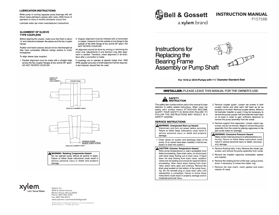 Xylem P15758B Replacing the Bearing Frame Assembly or Pump Shaft User Manual | 4 pages