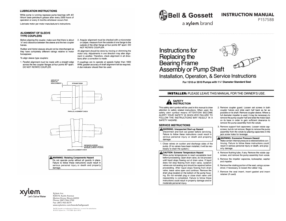 02611 pg1pdf.pdf, Instruction manual | Xylem P15758B Replacing the Bearing Frame Assembly or Pump Shaft User Manual | Page 4 / 4