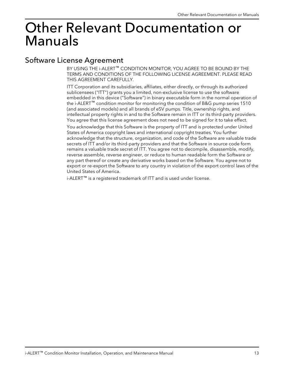 Other relevant documentation or manuals, Software license agreement | Bell & Gossett P2000642B i-ALERT Condition Monitor User Manual | Page 15 / 18