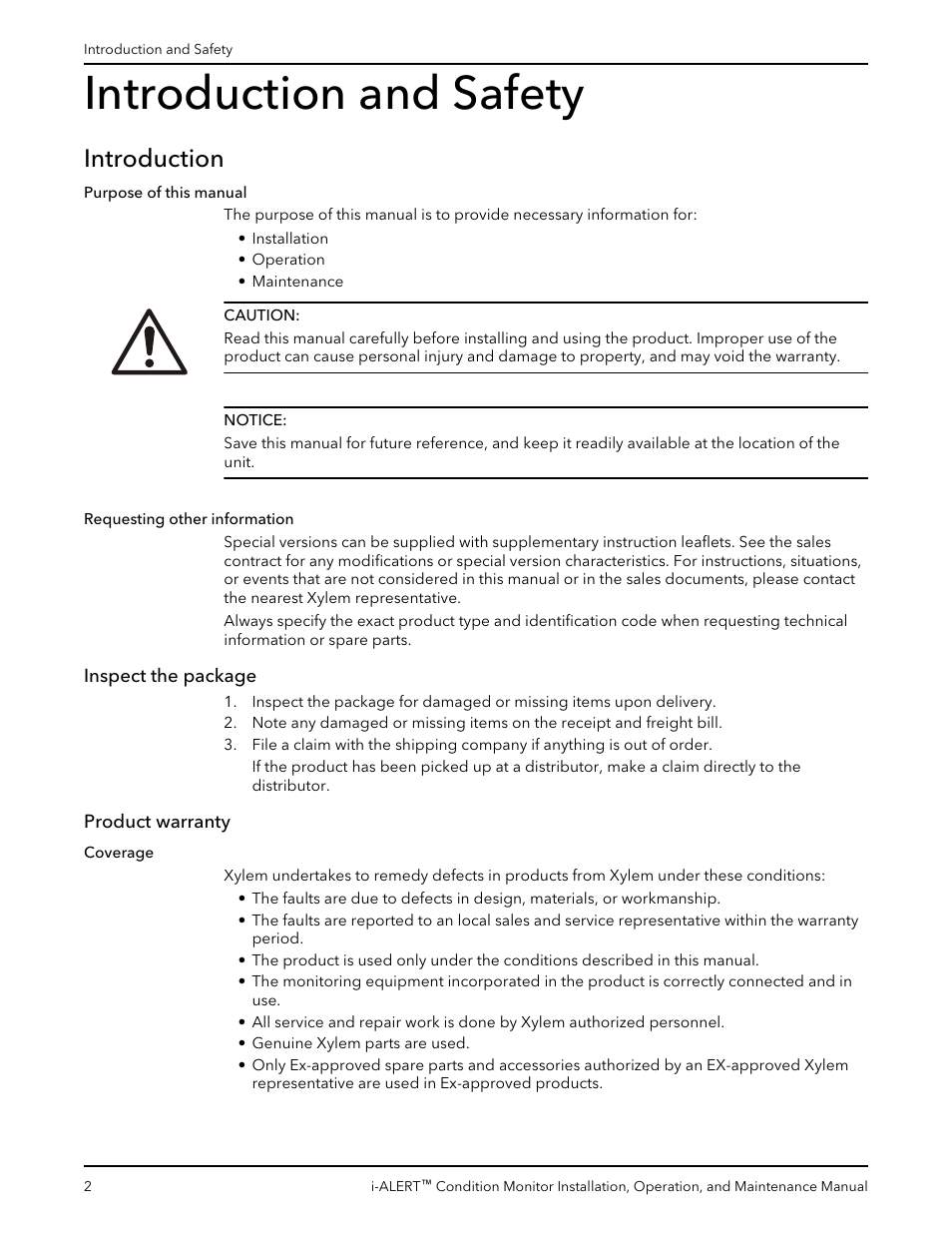 Introduction and safety, Introduction, Inspect the package | Product warranty | Bell & Gossett P2000642B i-ALERT Condition Monitor User Manual | Page 4 / 18