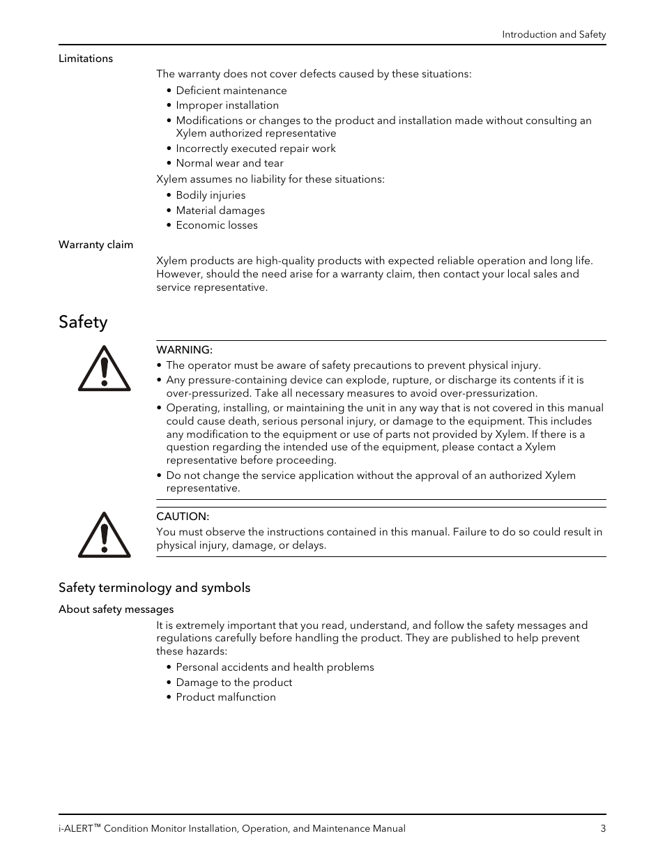 Safety, Safety terminology and symbols | Bell & Gossett P2000642B i-ALERT Condition Monitor User Manual | Page 5 / 18
