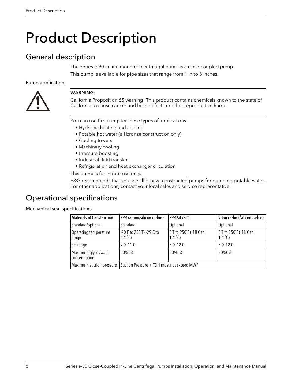 Product description, General description, Operational specifications | General description operational specifications | Xylem P2000799B Series e-90 Close-Coupled In-Line Centrifugal Pumps User Manual | Page 10 / 24