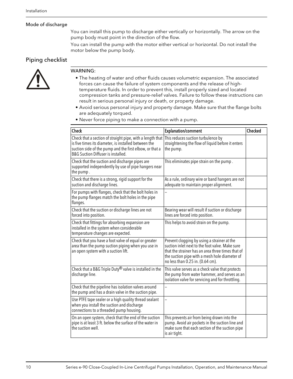 Piping checklist | Xylem P2000799B Series e-90 Close-Coupled In-Line Centrifugal Pumps User Manual | Page 12 / 24