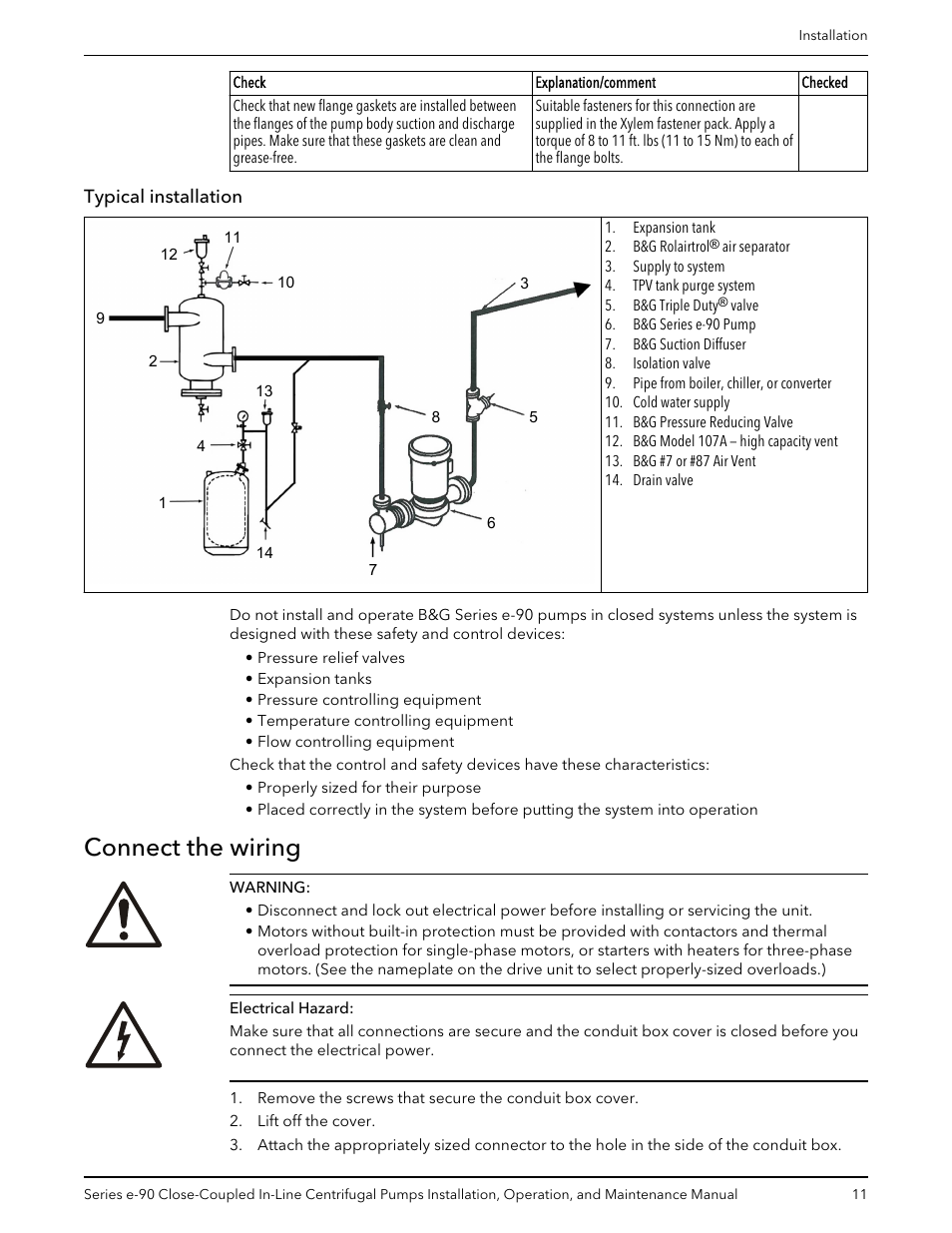 Typical installation, Connect the wiring | Xylem P2000799B Series e-90 Close-Coupled In-Line Centrifugal Pumps User Manual | Page 13 / 24
