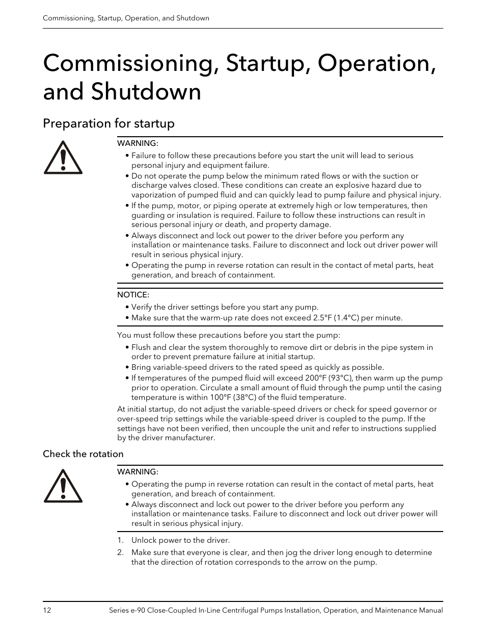 Commissioning, startup, operation, and shutdown, Preparation for startup, Check the rotation | Xylem P2000799B Series e-90 Close-Coupled In-Line Centrifugal Pumps User Manual | Page 14 / 24