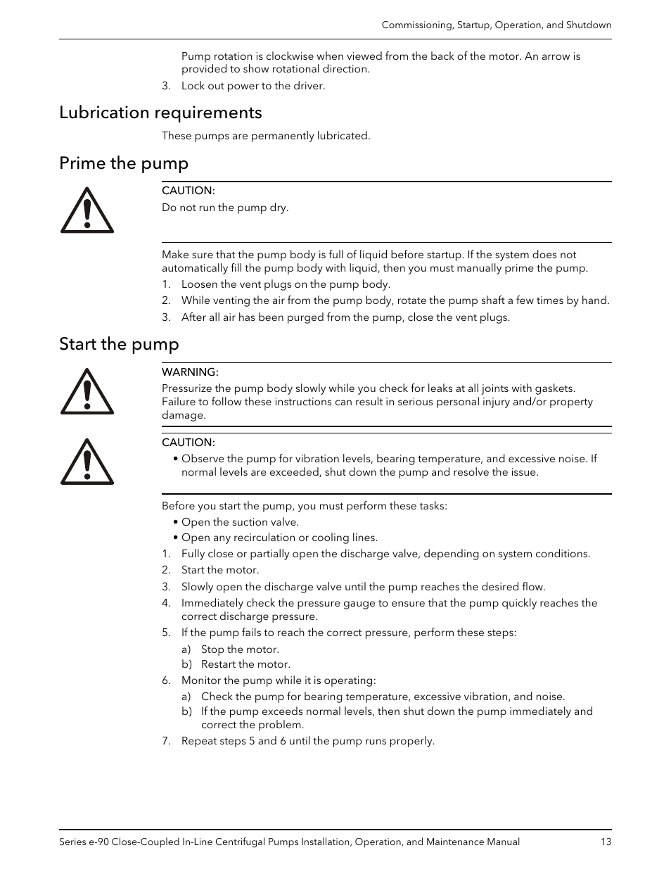 Lubrication requirements, Prime the pump, Start the pump | Xylem P2000799B Series e-90 Close-Coupled In-Line Centrifugal Pumps User Manual | Page 15 / 24
