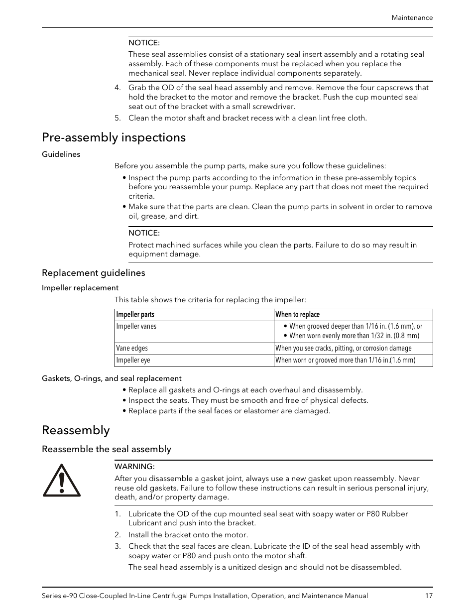 Pre-assembly inspections, Replacement guidelines, Reassembly | Reassemble the seal assembly | Xylem P2000799B Series e-90 Close-Coupled In-Line Centrifugal Pumps User Manual | Page 19 / 24