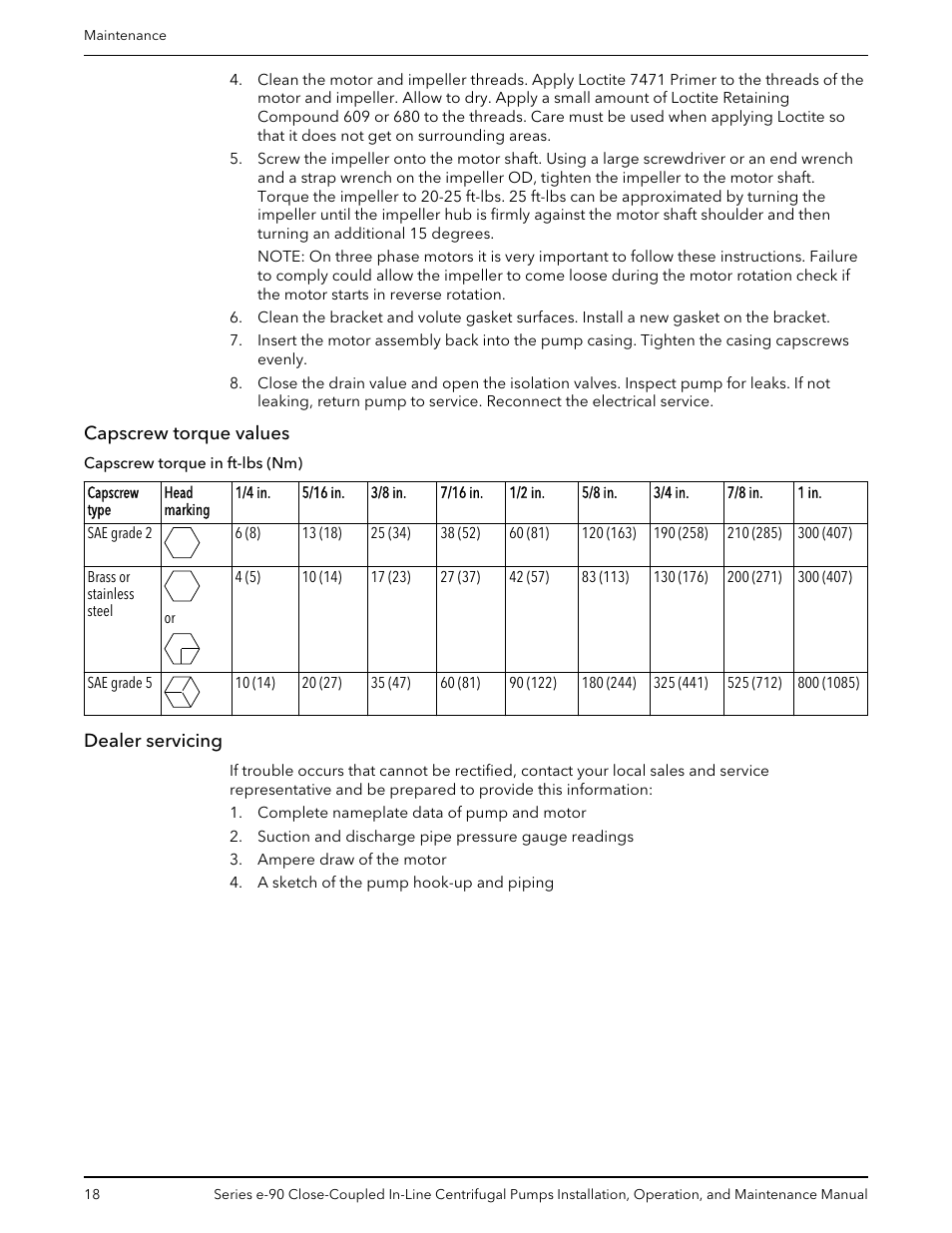 Capscrew torque values, Dealer servicing, Capscrew torque values dealer servicing | Xylem P2000799B Series e-90 Close-Coupled In-Line Centrifugal Pumps User Manual | Page 20 / 24
