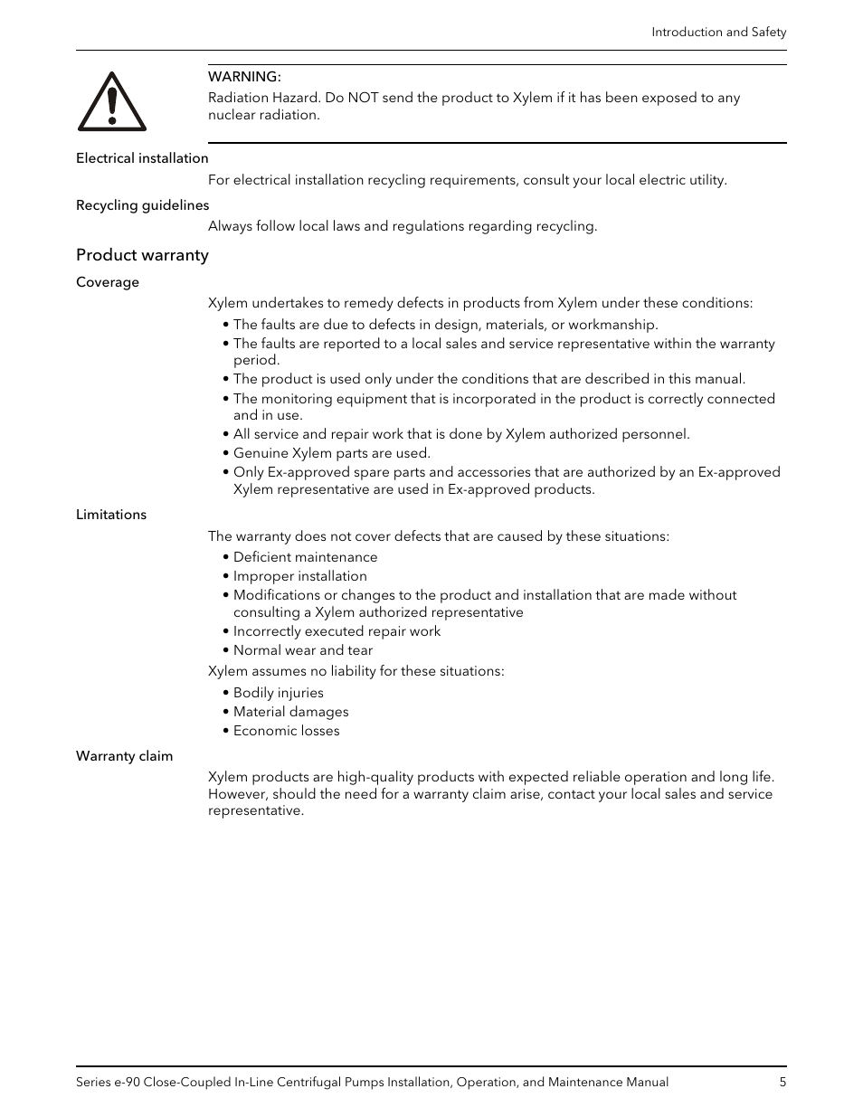 Product warranty | Xylem P2000799B Series e-90 Close-Coupled In-Line Centrifugal Pumps User Manual | Page 7 / 24