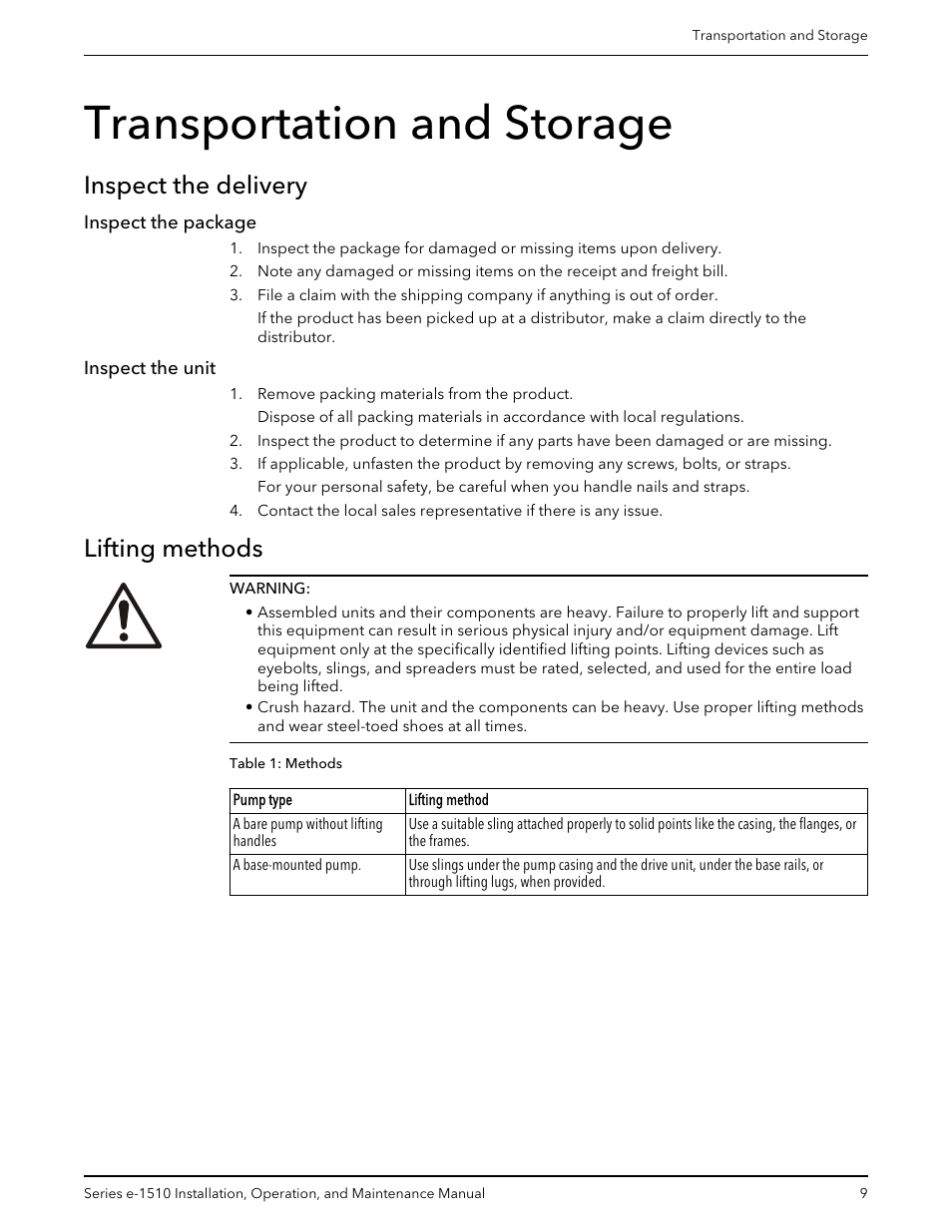 Transportation and storage, Inspect the delivery, Inspect the package | Inspect the unit, Lifting methods, Inspect the package inspect the unit | Xylem P2001406B Series e-1510 Centrifugal Pumps User Manual | Page 11 / 40