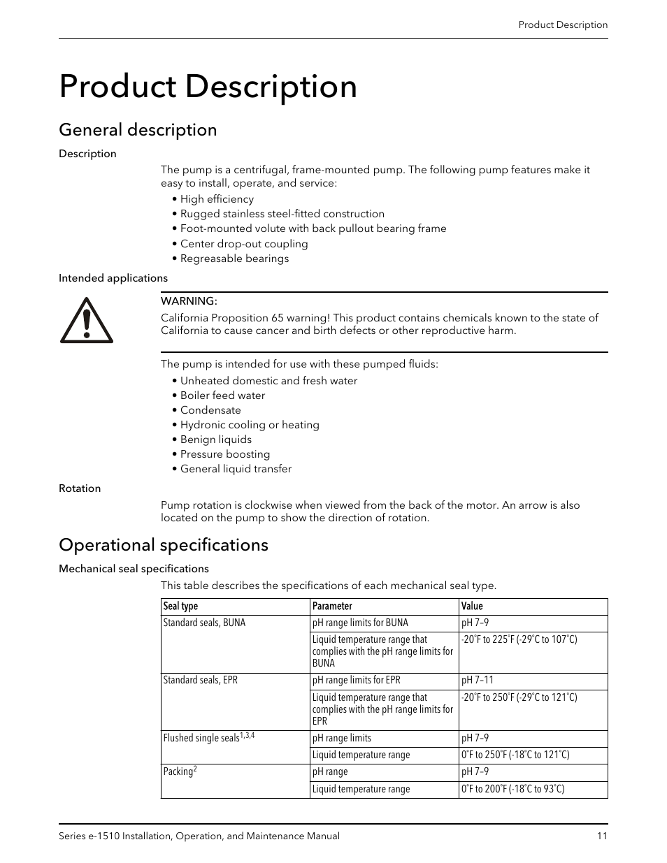 Product description, General description, Operational specifications | General description operational specifications | Xylem P2001406B Series e-1510 Centrifugal Pumps User Manual | Page 13 / 40
