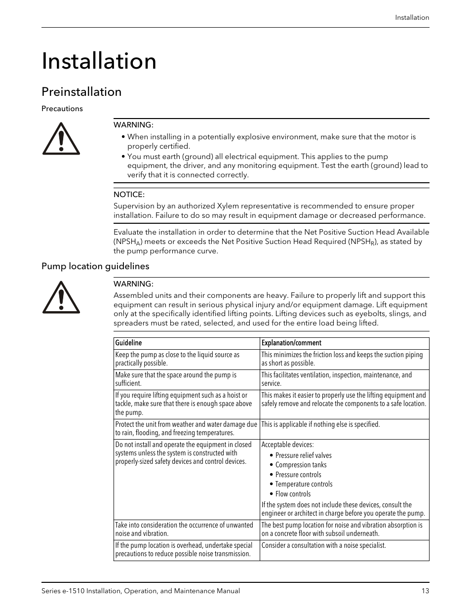Installation, Preinstallation, Pump location guidelines | Xylem P2001406B Series e-1510 Centrifugal Pumps User Manual | Page 15 / 40