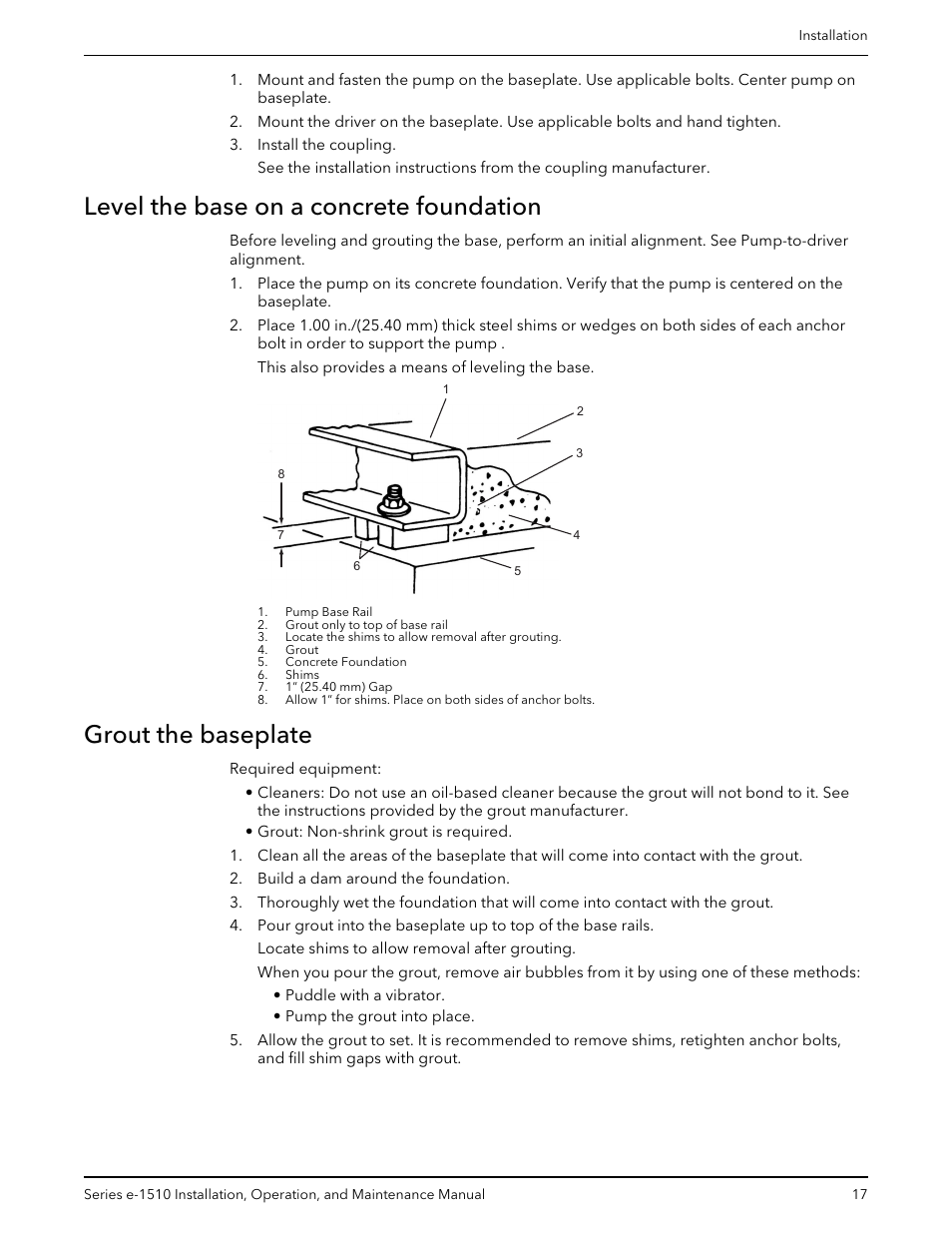 Level the base on a concrete foundation, Grout the baseplate | Xylem P2001406B Series e-1510 Centrifugal Pumps User Manual | Page 19 / 40