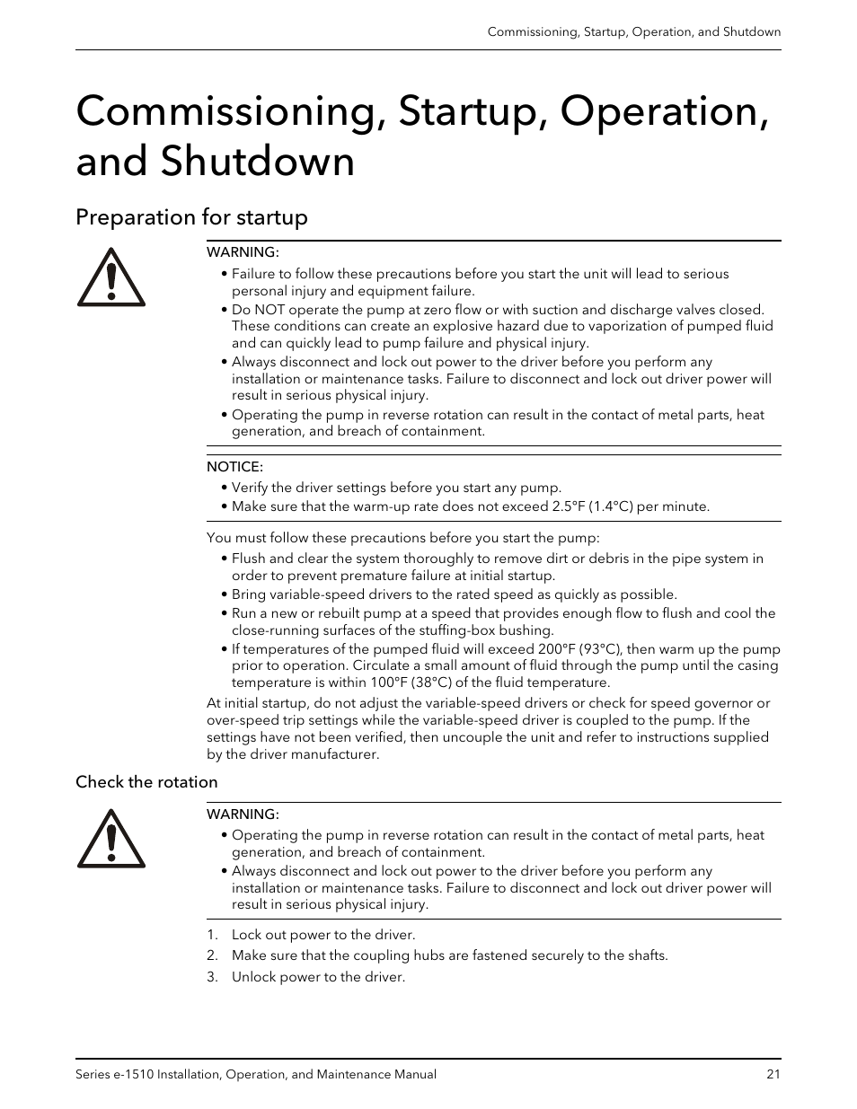 Commissioning, startup, operation, and shutdown, Preparation for startup, Check the rotation | Xylem P2001406B Series e-1510 Centrifugal Pumps User Manual | Page 23 / 40