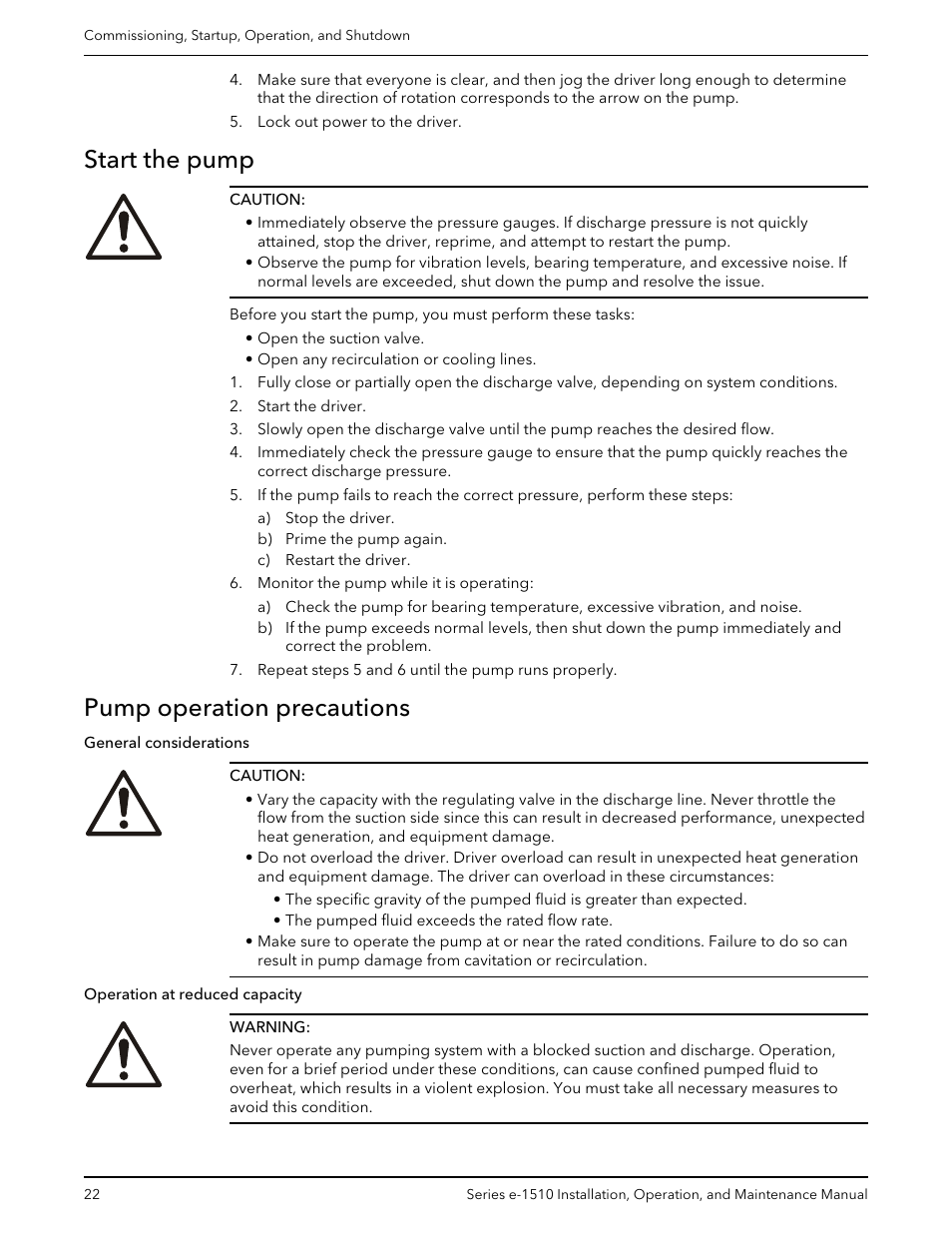 Start the pump, Pump operation precautions, Start the pump pump operation precautions | Xylem P2001406B Series e-1510 Centrifugal Pumps User Manual | Page 24 / 40