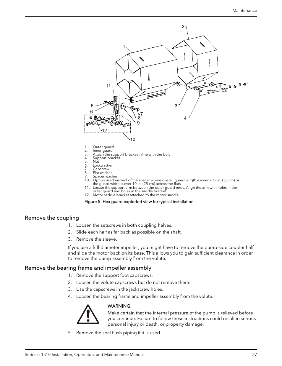 Remove the coupling, Remove the bearing frame and impeller assembly | Xylem P2001406B Series e-1510 Centrifugal Pumps User Manual | Page 29 / 40