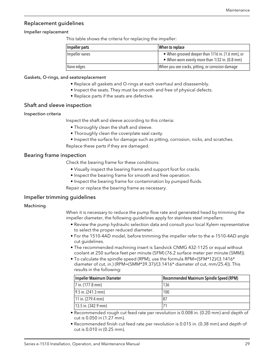 Replacement guidelines, Shaft and sleeve inspection, Bearing frame inspection | Impeller trimming guidelines | Xylem P2001406B Series e-1510 Centrifugal Pumps User Manual | Page 31 / 40