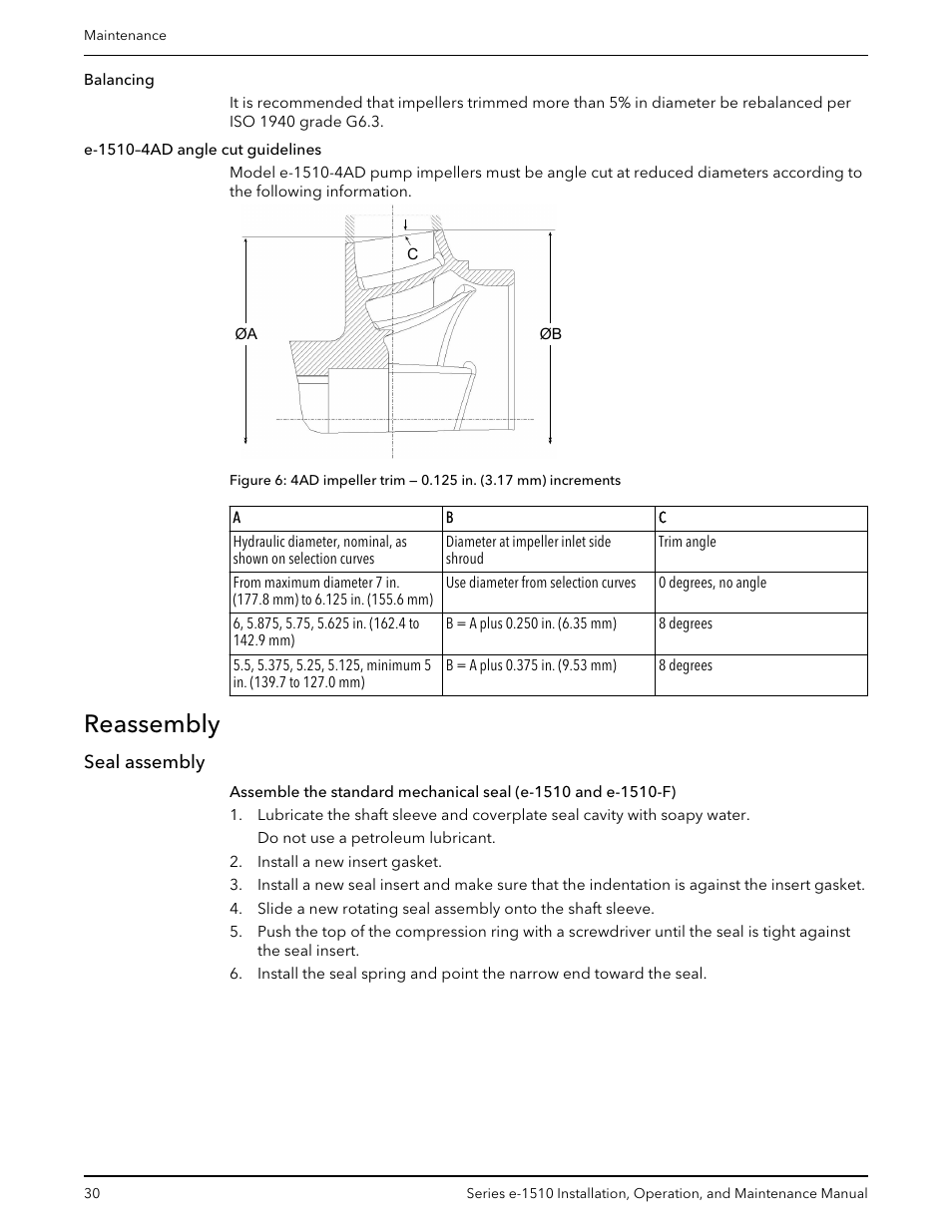 Reassembly, Seal assembly | Xylem P2001406B Series e-1510 Centrifugal Pumps User Manual | Page 32 / 40