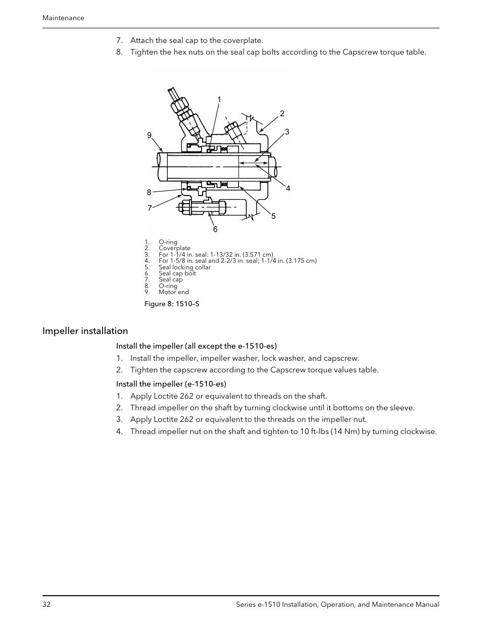 Impeller installation, Install the impeller (all except the e-1510-es), Install the impeller (e-1510-es) | Xylem P2001406B Series e-1510 Centrifugal Pumps User Manual | Page 34 / 40