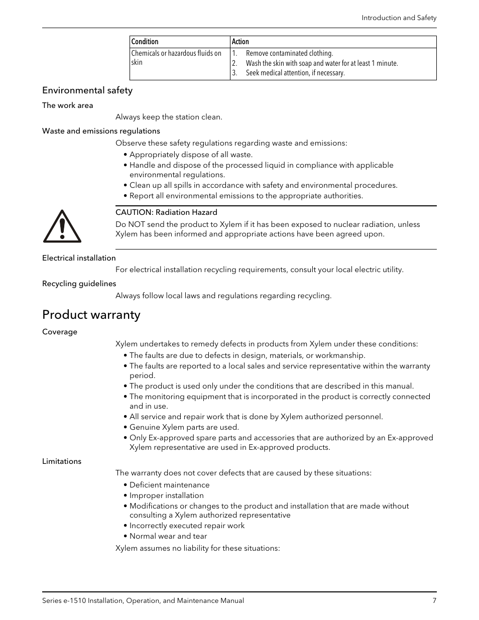 Environmental safety, Product warranty | Xylem P2001406B Series e-1510 Centrifugal Pumps User Manual | Page 9 / 40