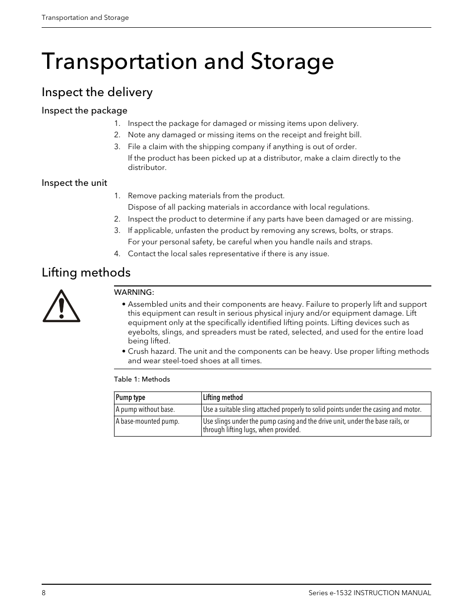 Transportation and storage, Inspect the delivery, Inspect the package | Inspect the unit, Lifting methods, Inspect the package inspect the unit | Bell & Gossett P2001409A Series e-1532 User Manual | Page 10 / 32